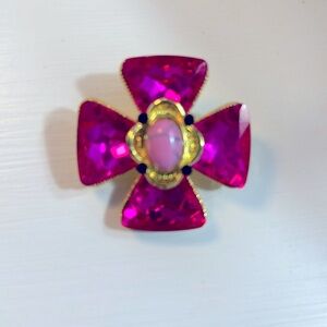 Maltese Cross Hot Pink Glass Signed Pendent & Brooch